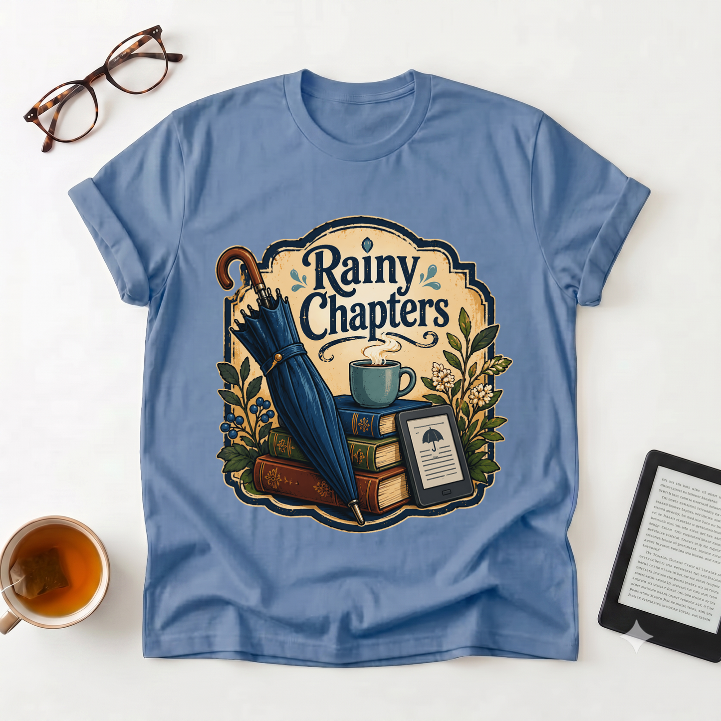 Rainy Chapters T-Shirt — Cozy Book Lover Graphic Tee