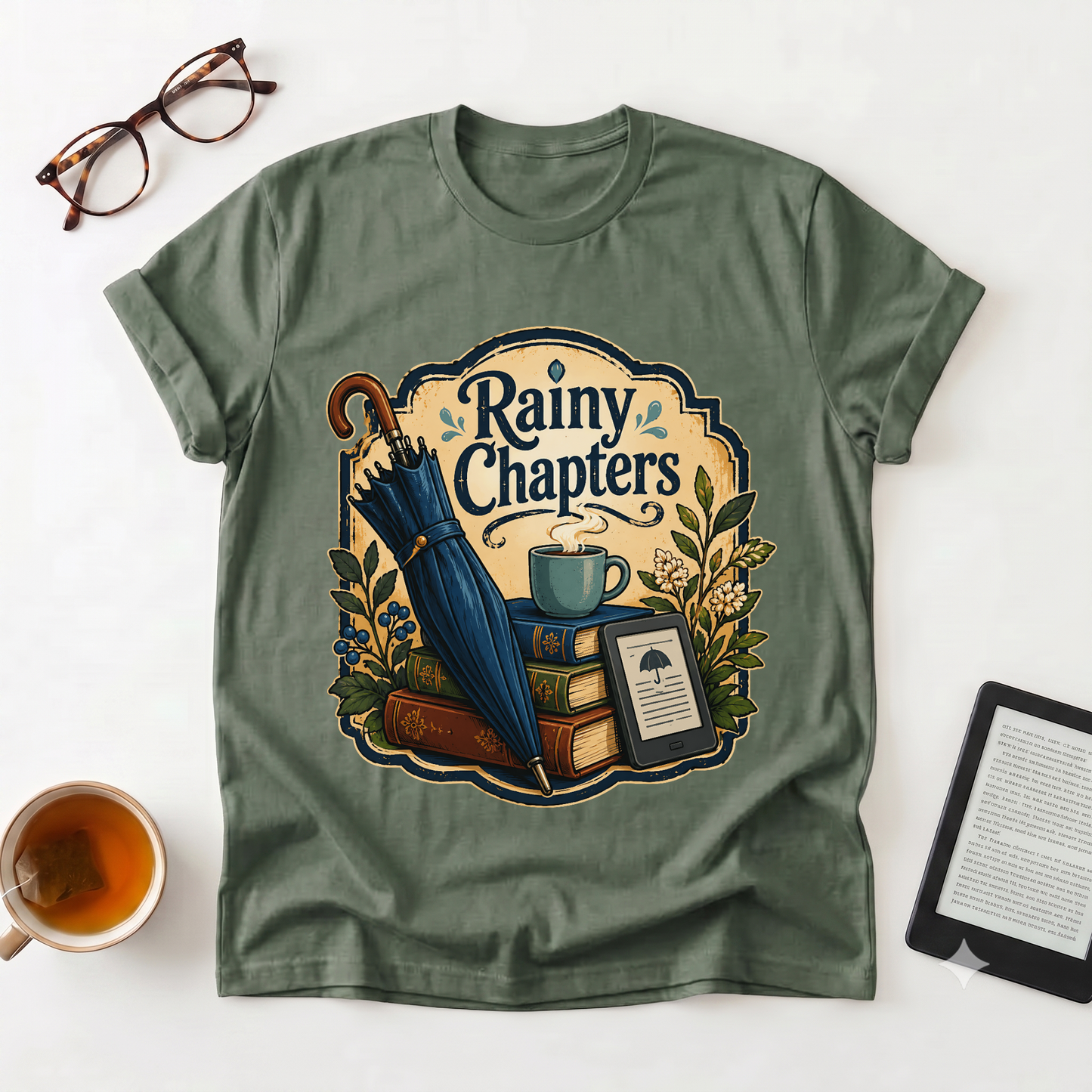Rainy Chapters T-Shirt — Cozy Book Lover Graphic Tee