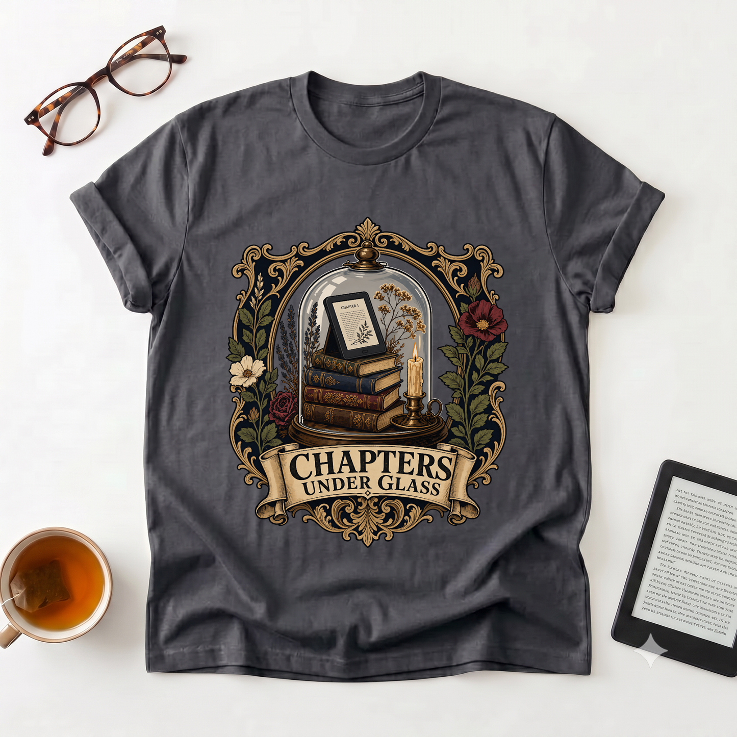 Bookish T-Shirt — "Chapters Under Glass" Vintage Library Graphic Tee