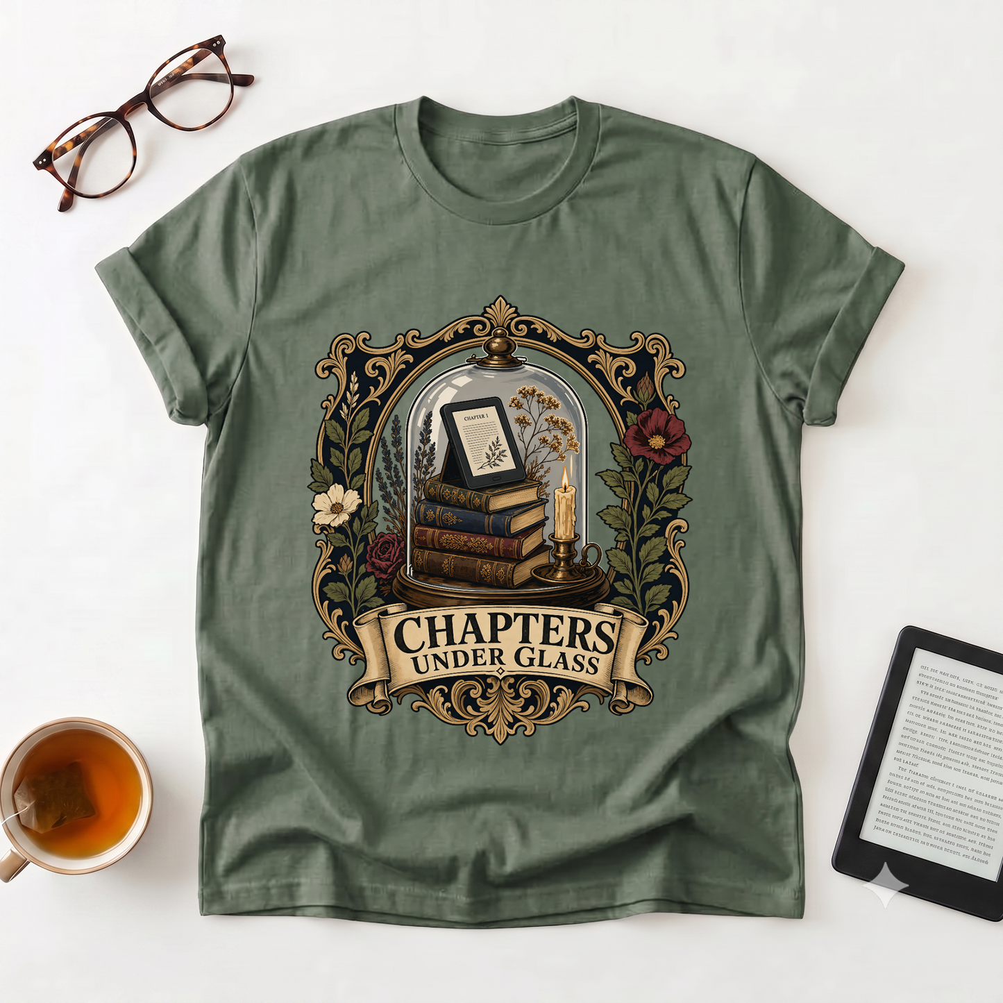 Bookish T-Shirt — "Chapters Under Glass" Vintage Library Graphic Tee