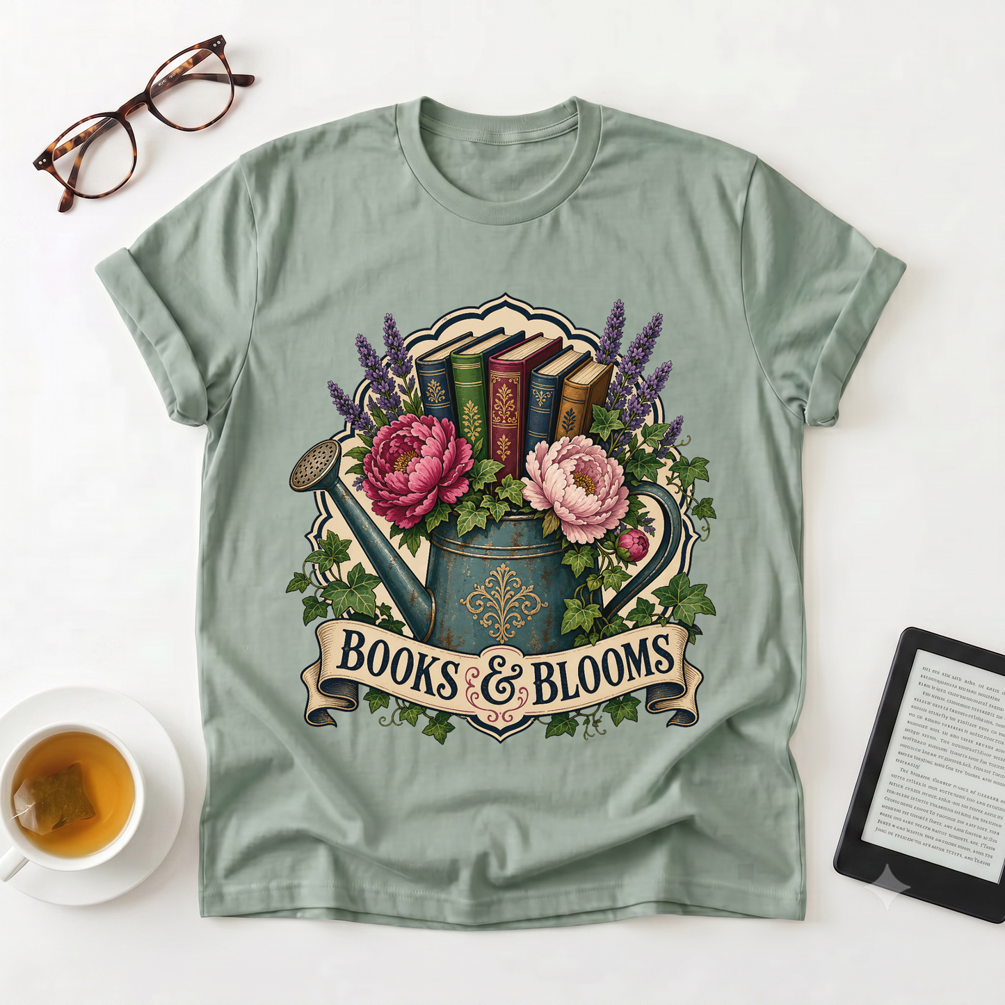 Books & Blooms Floral Watering Can T-Shirt — Literary Garden Lover Tee