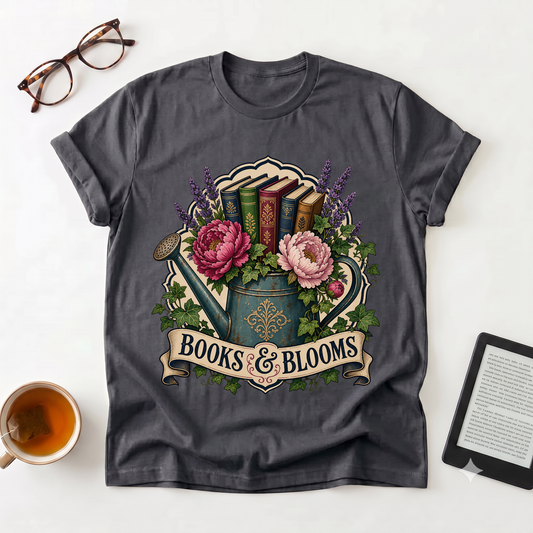 Books & Blooms Floral Watering Can T-Shirt — Literary Garden Lover Tee