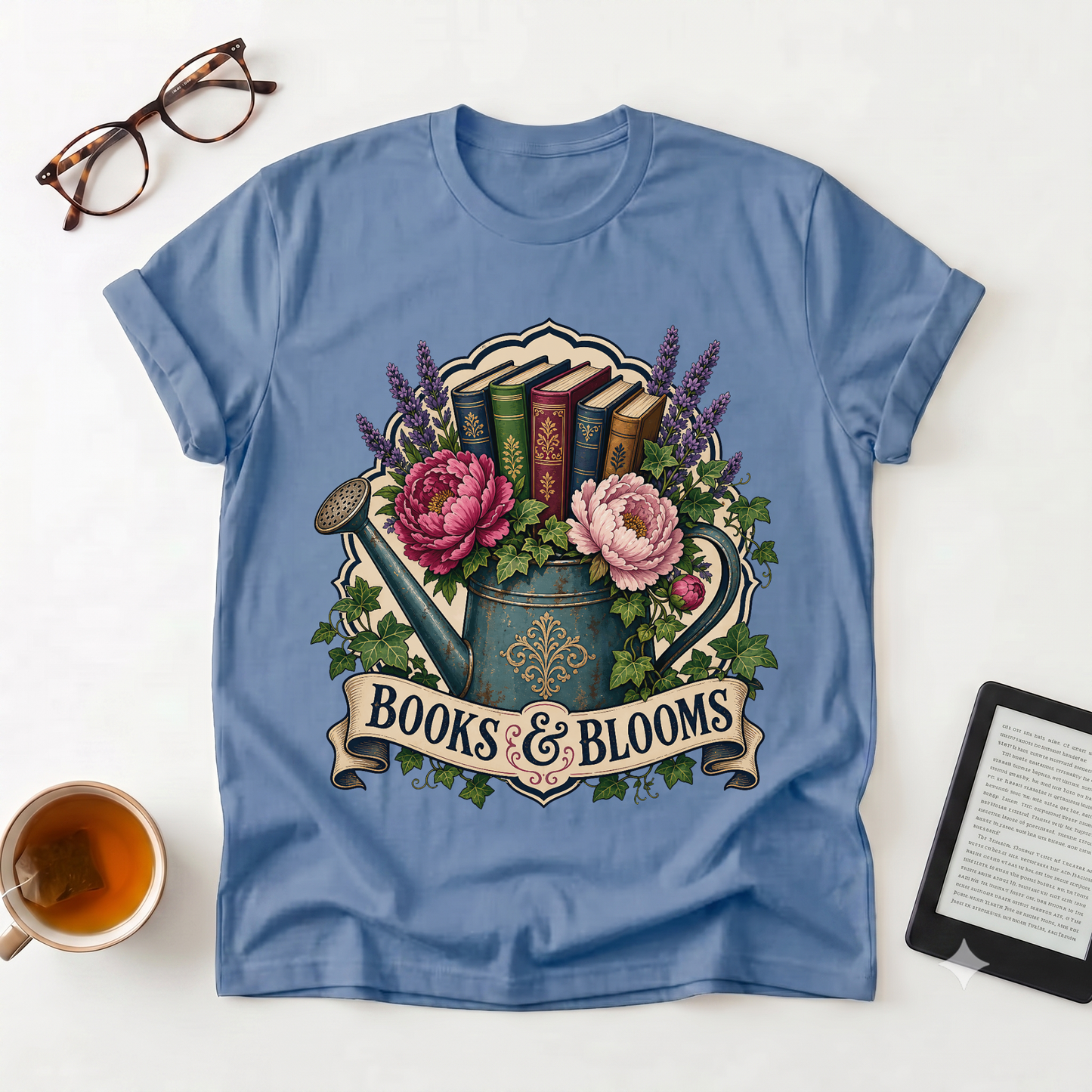 Books & Blooms Floral Watering Can T-Shirt — Literary Garden Lover Tee