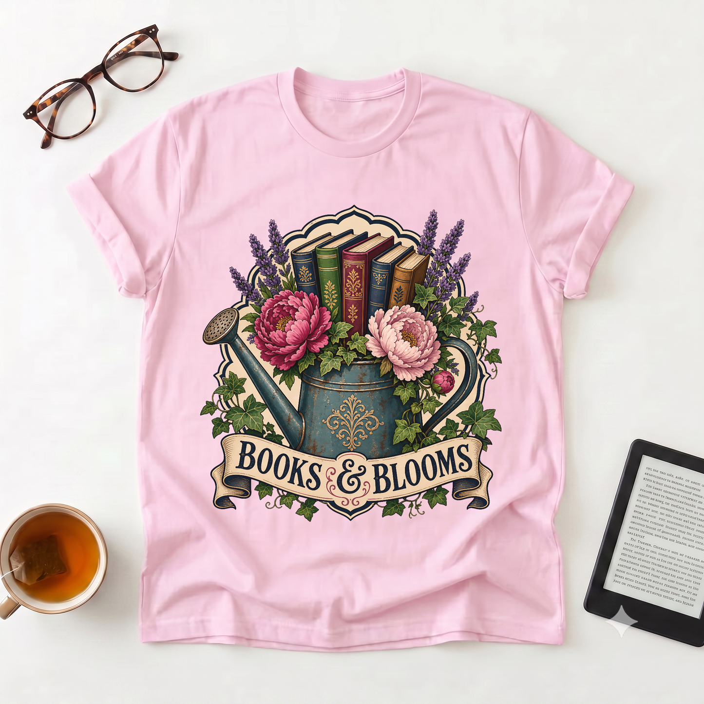 Books & Blooms Floral Watering Can T-Shirt — Literary Garden Lover Tee