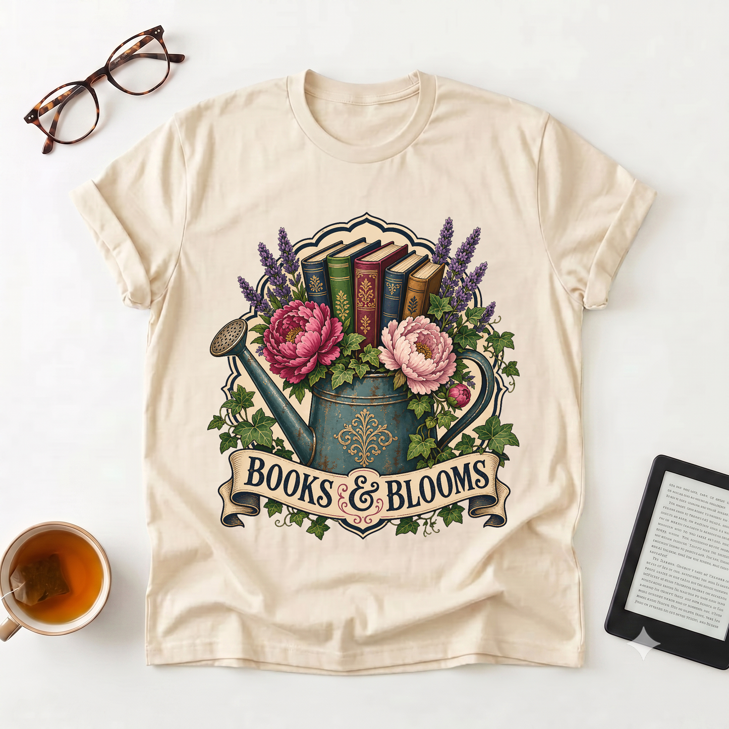 Books & Blooms Floral Watering Can T-Shirt — Literary Garden Lover Tee