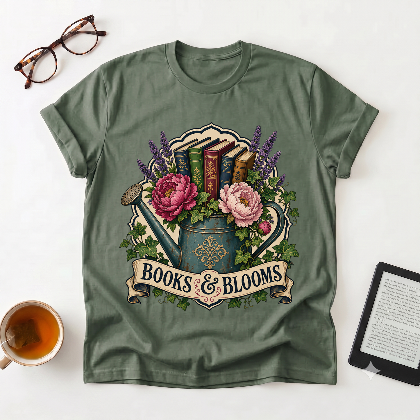 Books & Blooms Floral Watering Can T-Shirt — Literary Garden Lover Tee