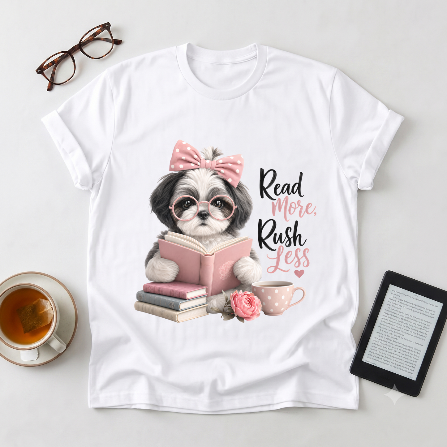 Read More Rush Less T-Shirt — Cute Dog Reading Graphic Tee for Book Lovers