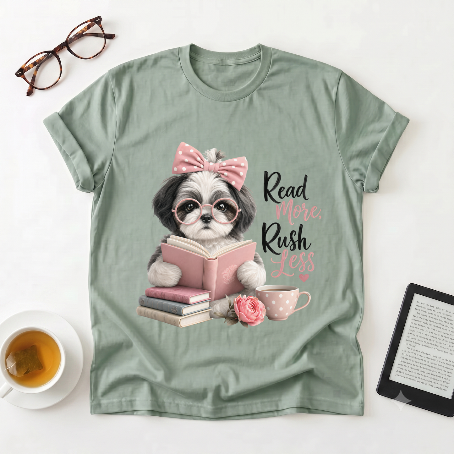 Read More Rush Less T-Shirt — Cute Dog Reading Graphic Tee for Book Lovers