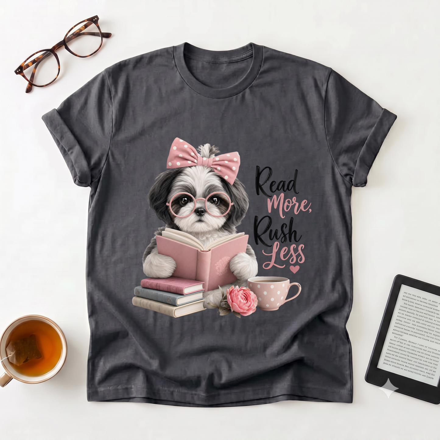 Read More Rush Less T-Shirt — Cute Dog Reading Graphic Tee for Book Lovers