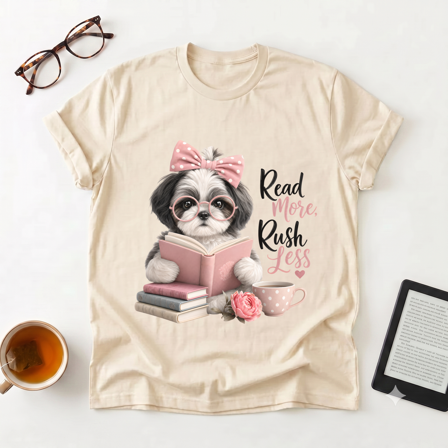 Read More Rush Less T-Shirt — Cute Dog Reading Graphic Tee for Book Lovers