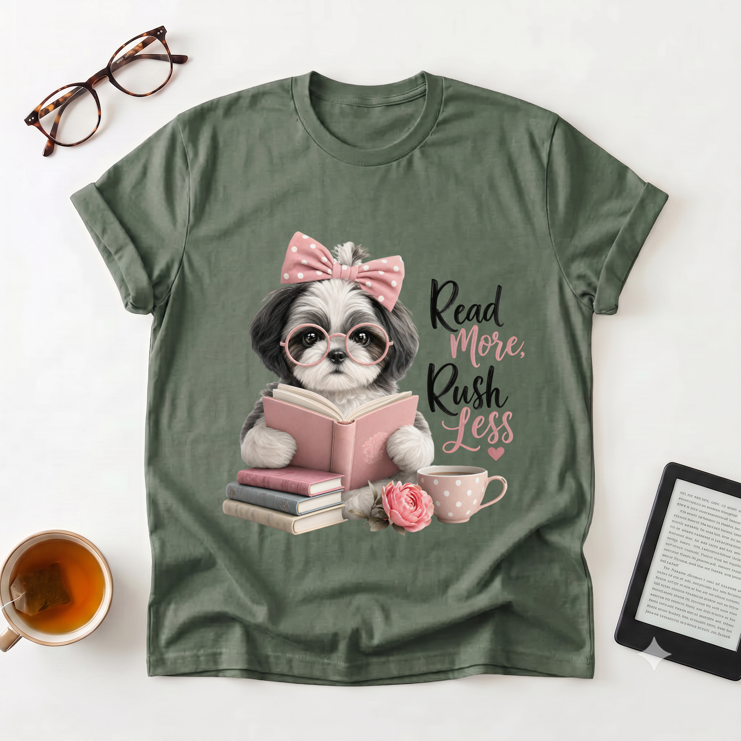 Read More Rush Less T-Shirt — Cute Dog Reading Graphic Tee for Book Lovers