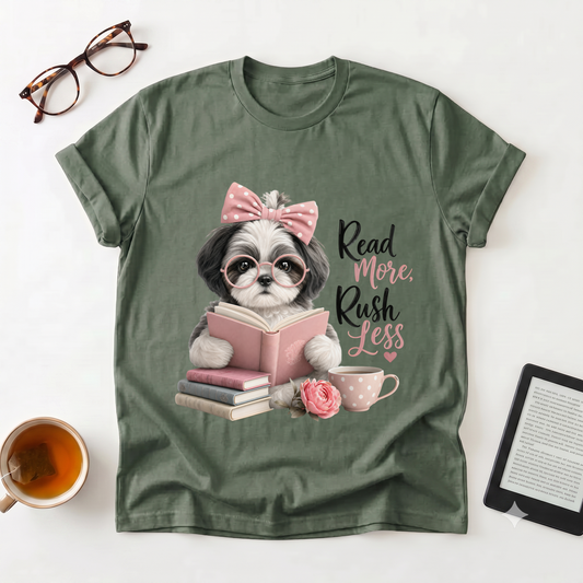 Read More Rush Less T-Shirt — Cute Dog Reading Graphic Tee for Book Lovers