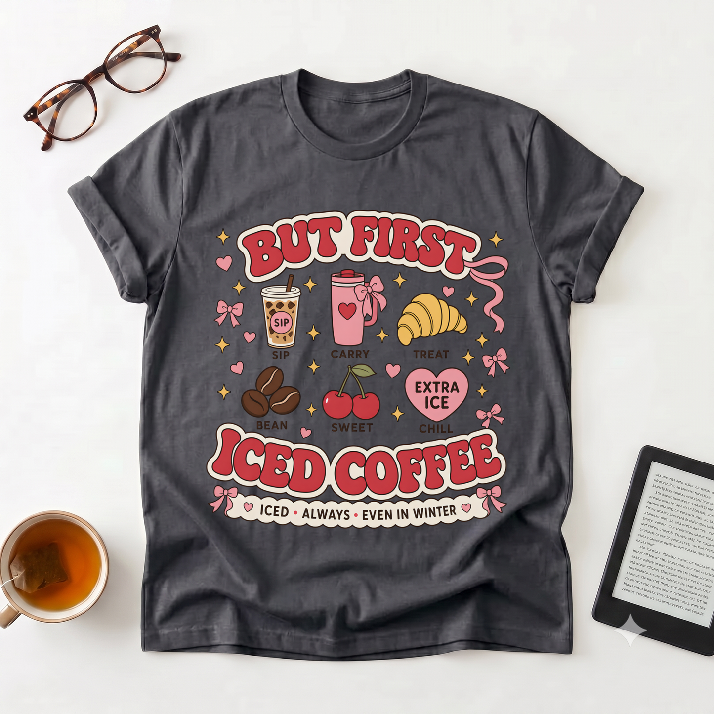 Iced Coffee Graphic T-Shirt — “But First Iced Coffee” Retro Café Tee