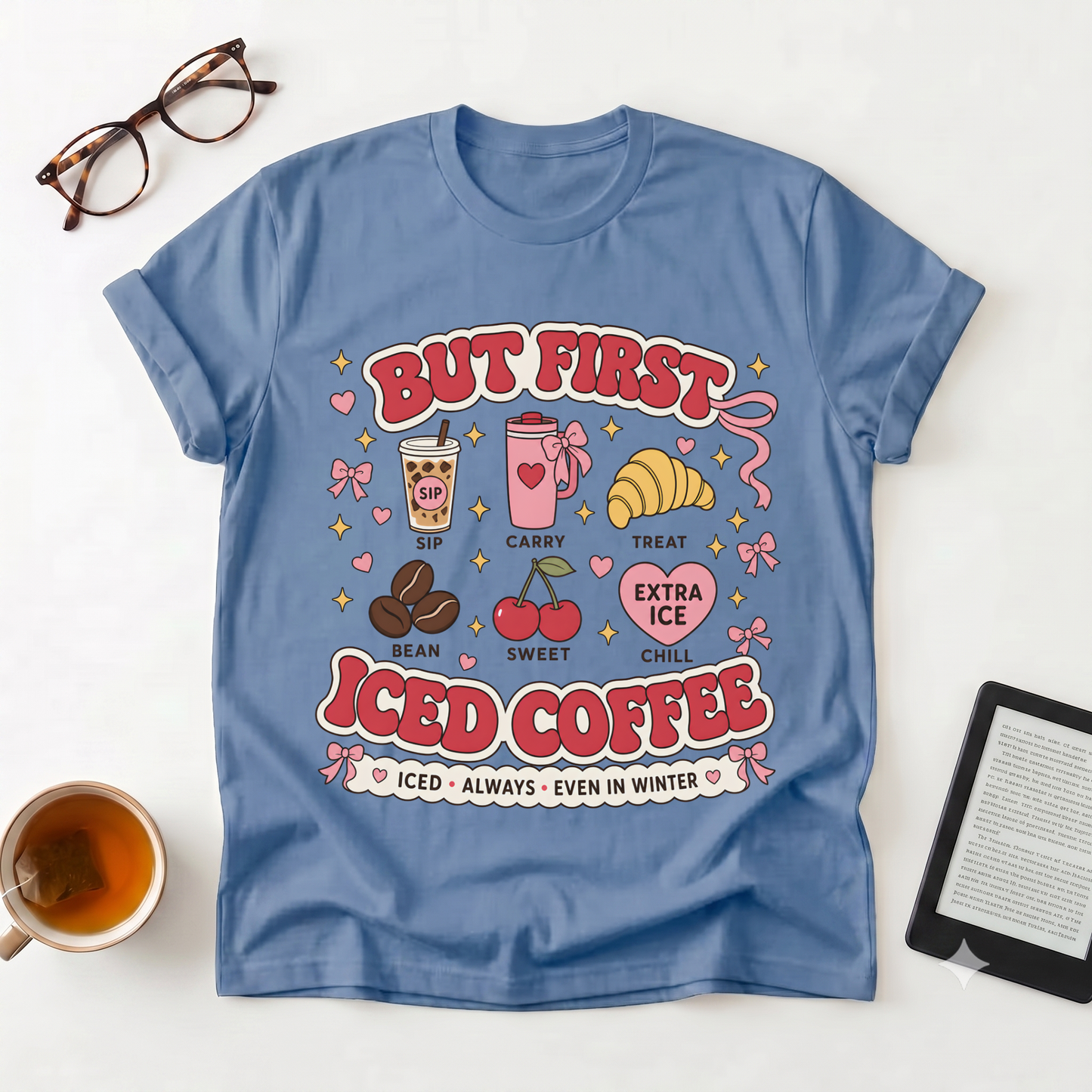 Iced Coffee Graphic T-Shirt — “But First Iced Coffee” Retro Café Tee