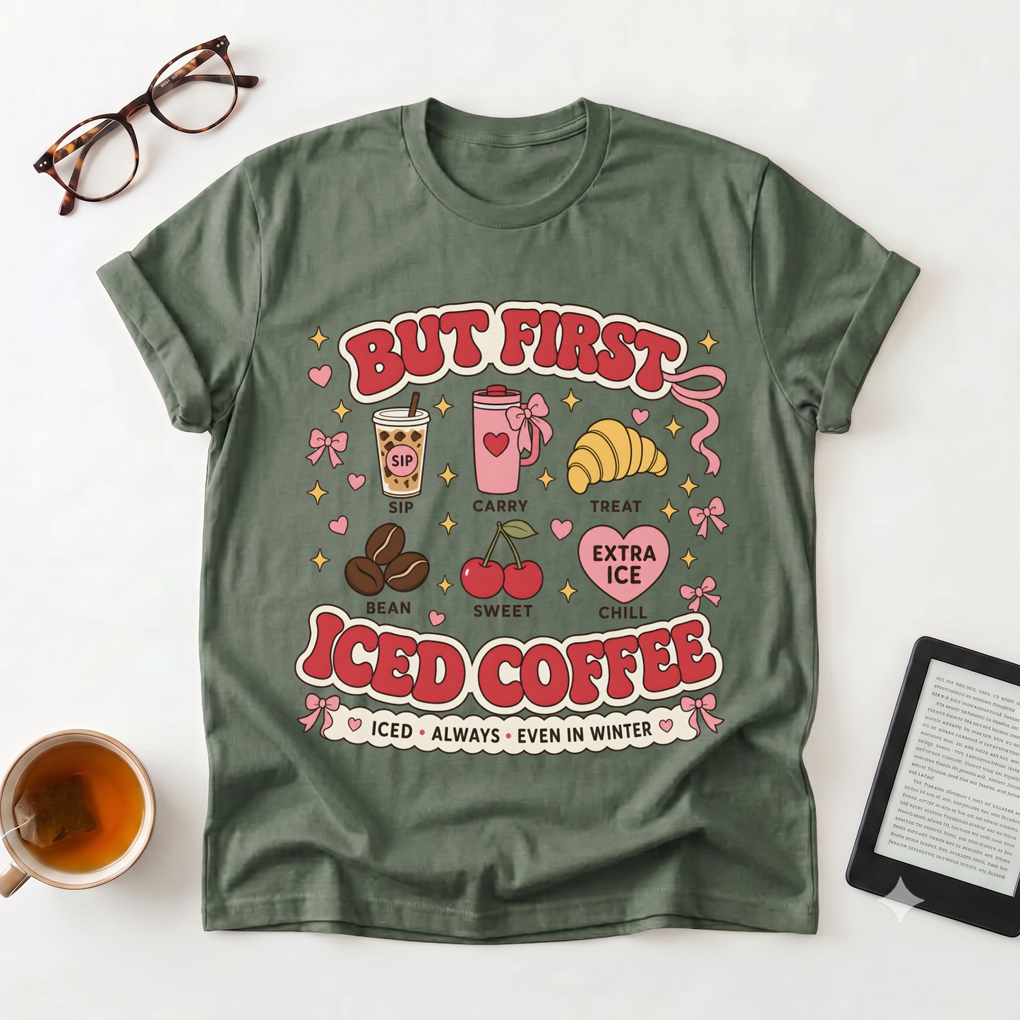Iced Coffee Graphic T-Shirt — “But First Iced Coffee” Retro Café Tee