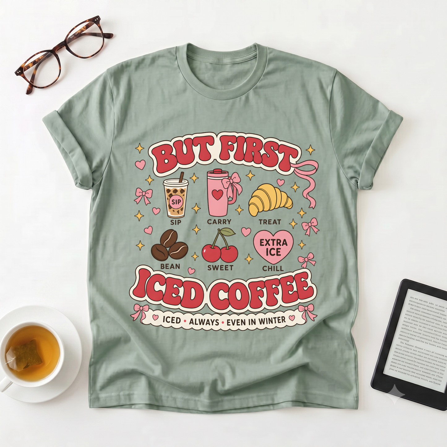 Iced Coffee Graphic T-Shirt — “But First Iced Coffee” Retro Café Tee