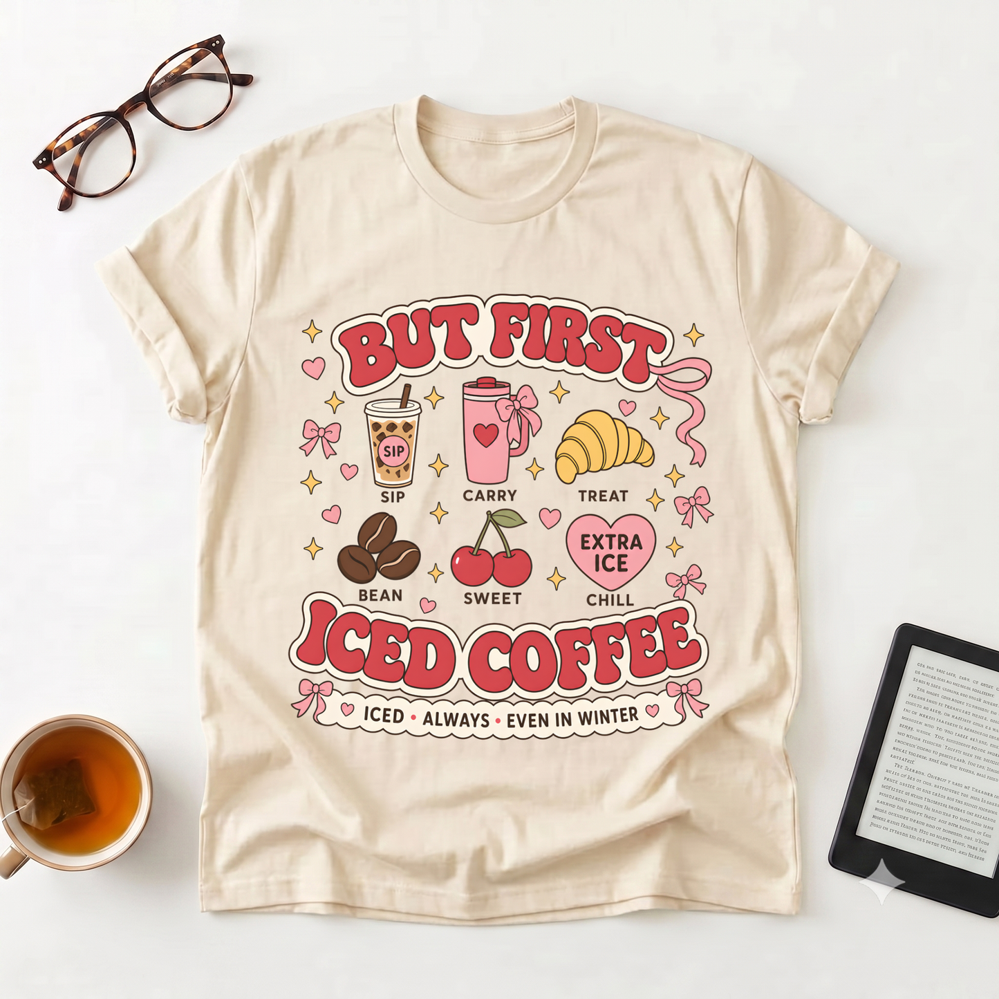 Iced Coffee Graphic T-Shirt — “But First Iced Coffee” Retro Café Tee