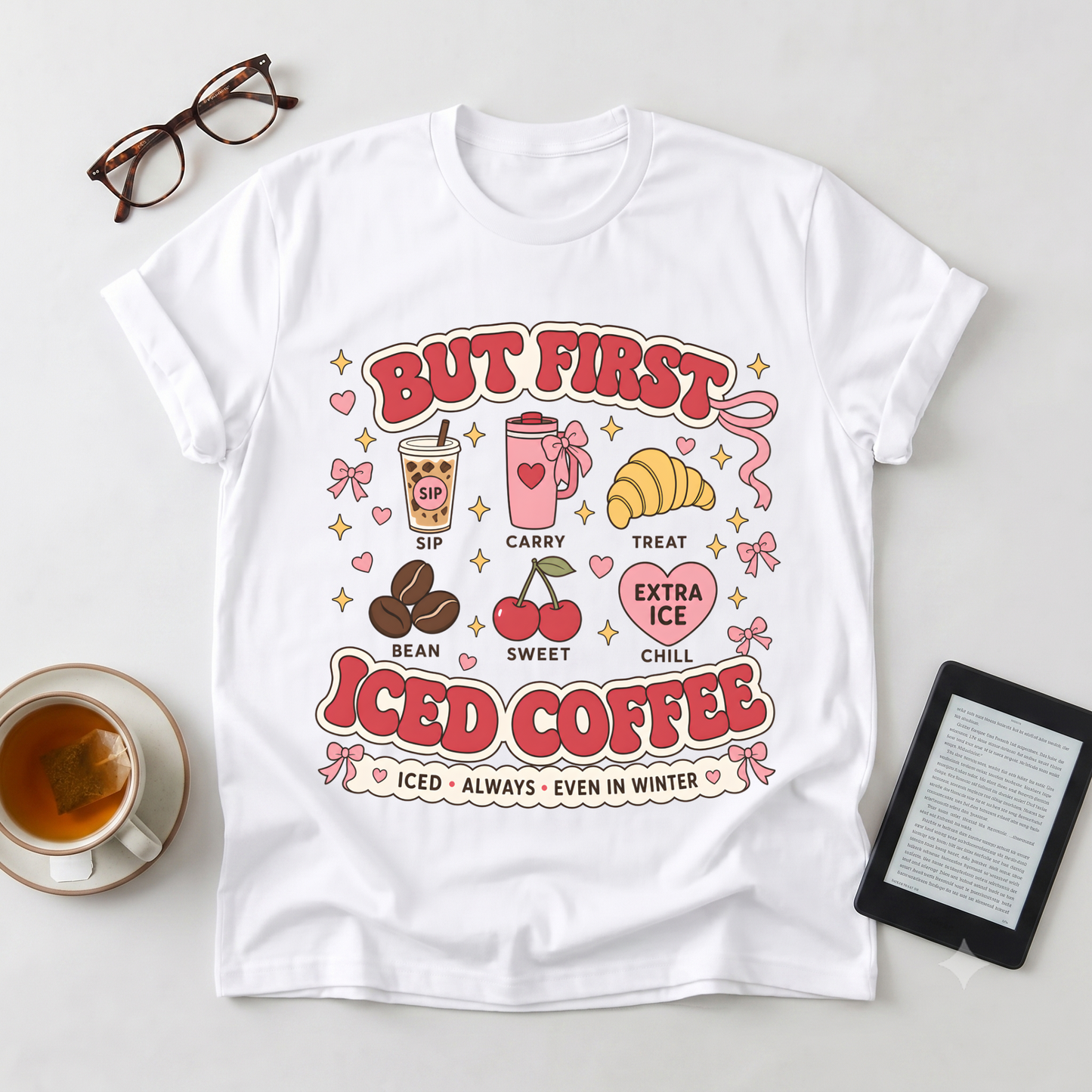 Iced Coffee Graphic T-Shirt — “But First Iced Coffee” Retro Café Tee