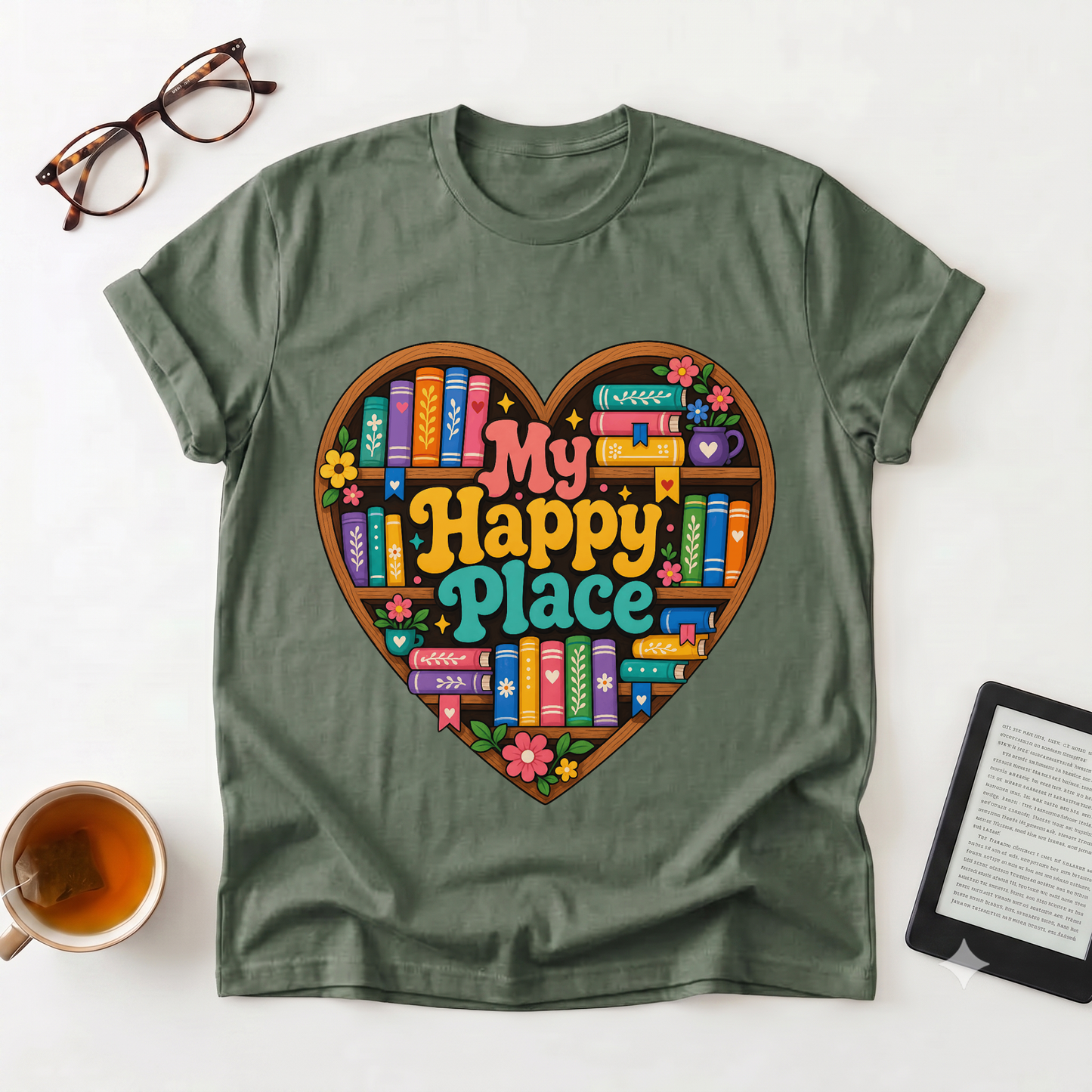 T-Shirt — "My Happy Place" Heart Bookshelf Graphic Tee