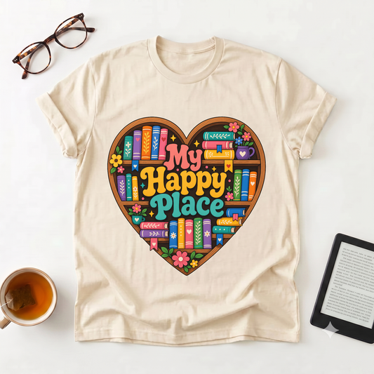T-Shirt — "My Happy Place" Heart Bookshelf Graphic Tee
