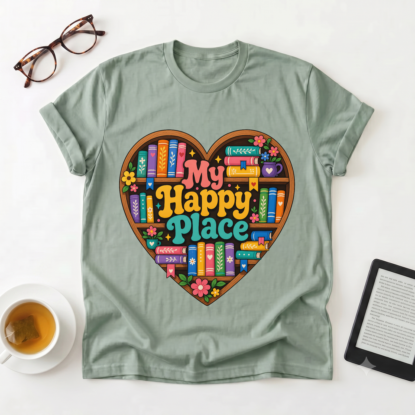 T-Shirt — "My Happy Place" Heart Bookshelf Graphic Tee