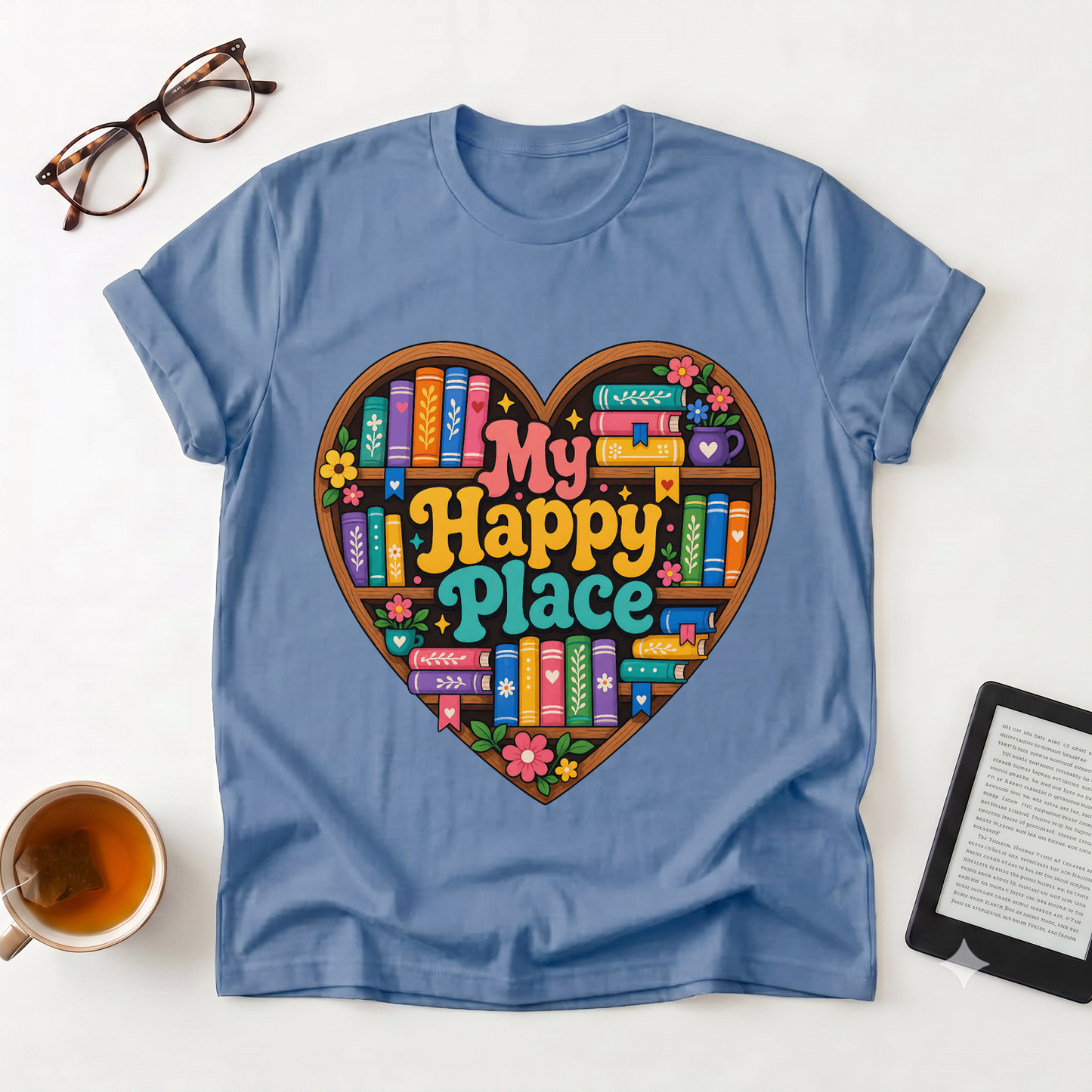 T-Shirt — "My Happy Place" Heart Bookshelf Graphic Tee