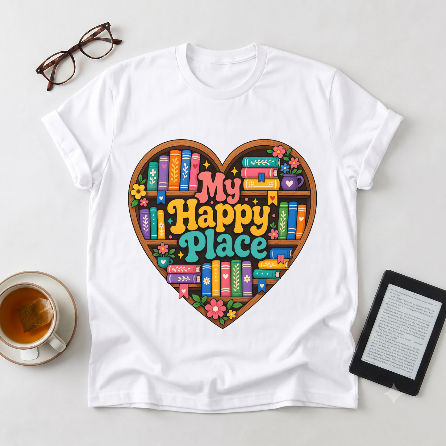 T-Shirt — "My Happy Place" Heart Bookshelf Graphic Tee