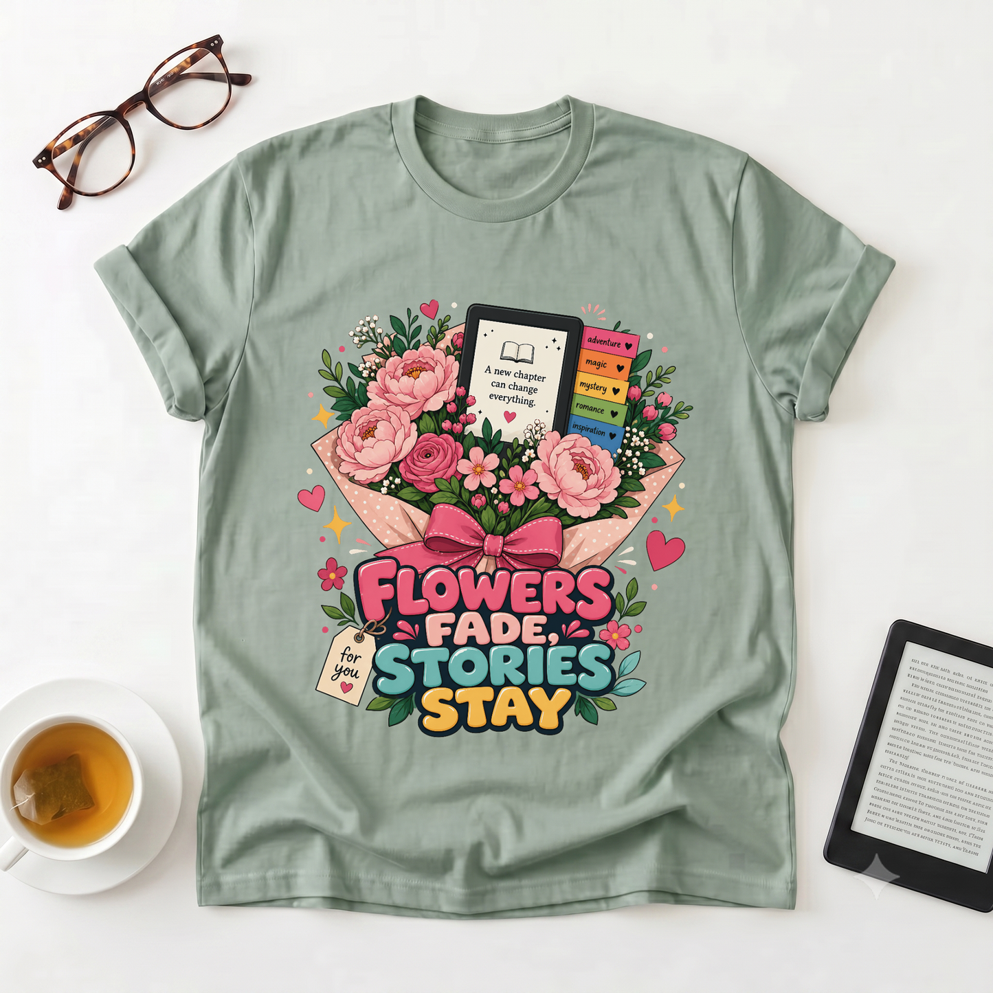 T-Shirt — “Flowers Fade, Stories Stay” Floral Book Lover Tee