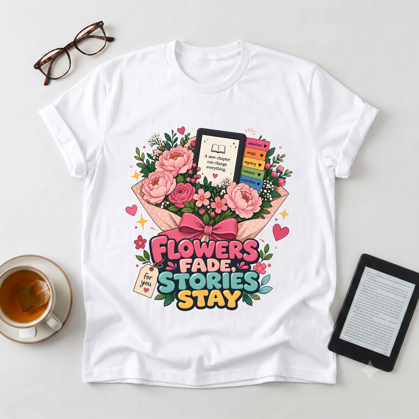 T-Shirt — “Flowers Fade, Stories Stay” Floral Book Lover Tee