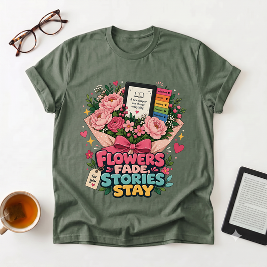 T-Shirt — “Flowers Fade, Stories Stay” Floral Book Lover Tee