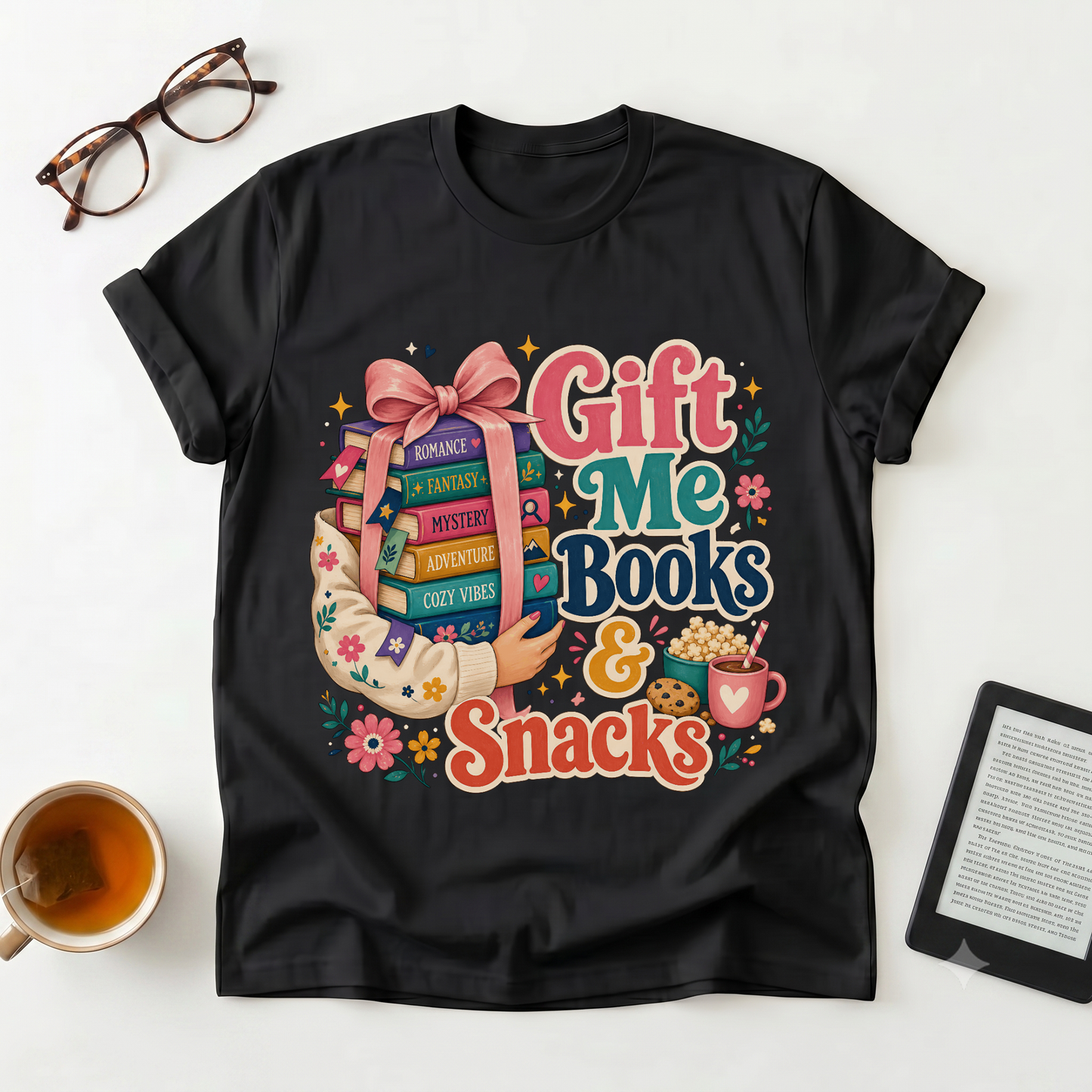 Gift Me Books & Snacks T-Shirt — Cozy Reader Graphic Tee, Booklover Gift