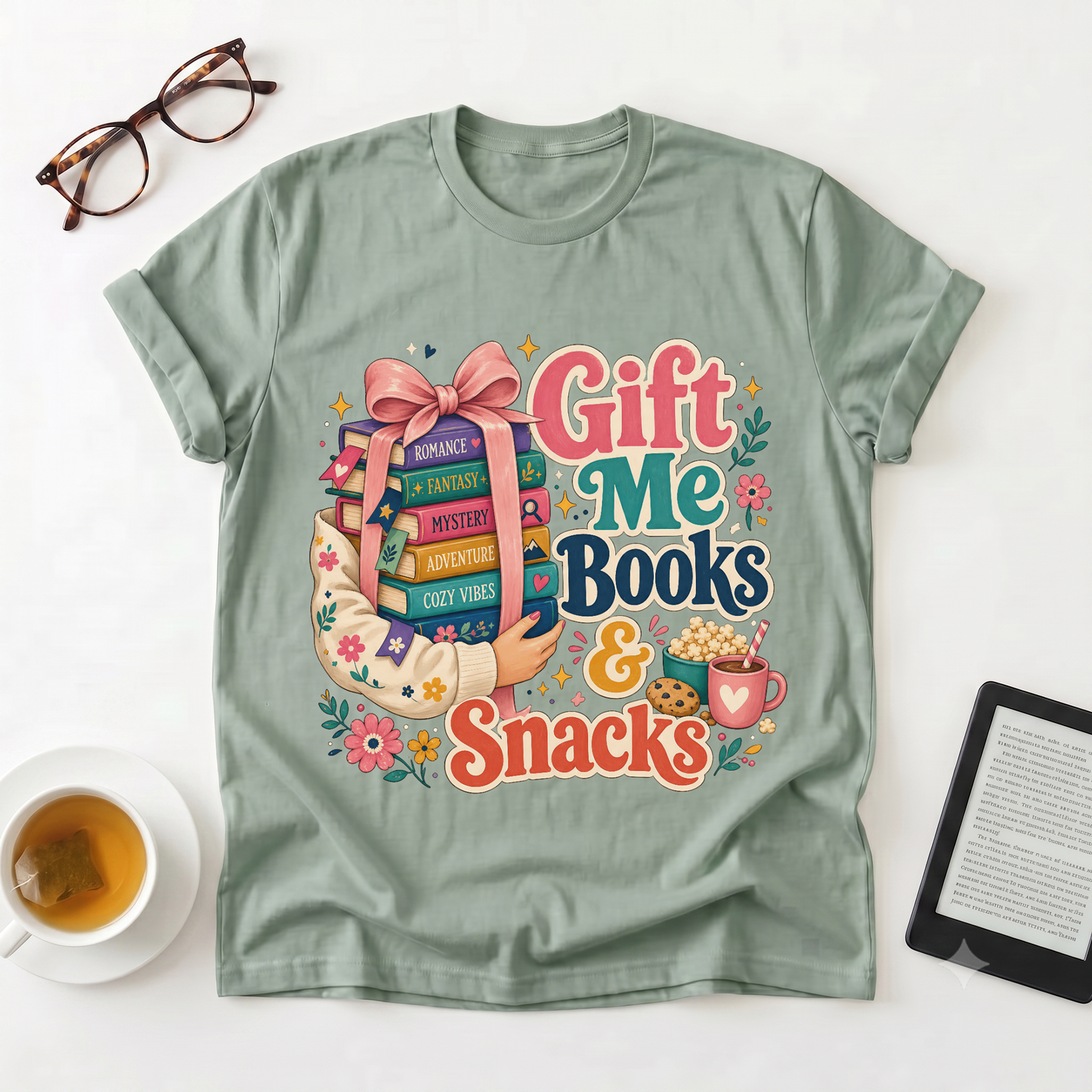 Gift Me Books & Snacks T-Shirt — Cozy Reader Graphic Tee, Booklover Gift