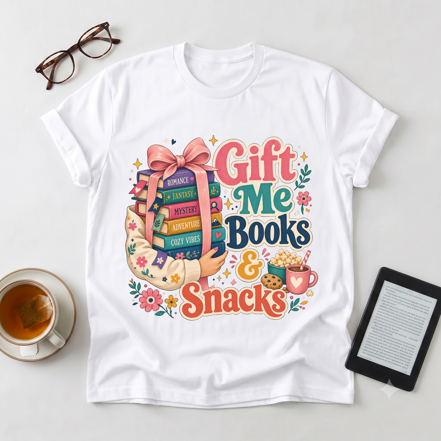 Gift Me Books & Snacks T-Shirt — Cozy Reader Graphic Tee, Booklover Gift