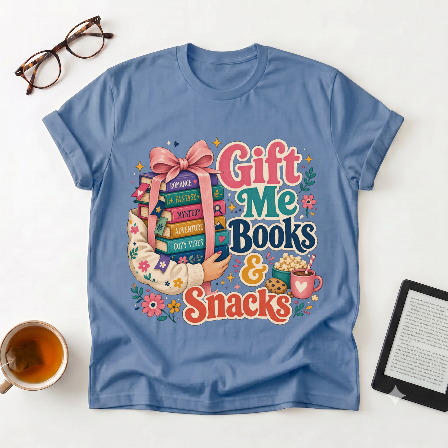 Gift Me Books & Snacks T-Shirt — Cozy Reader Graphic Tee, Booklover Gift