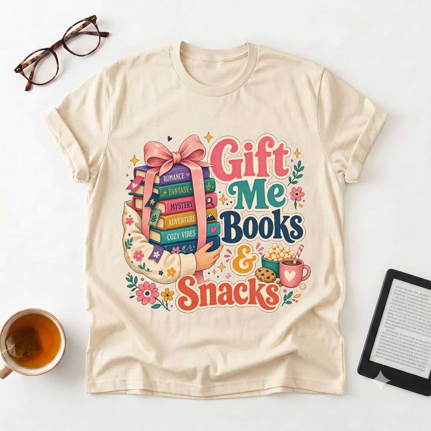 Gift Me Books & Snacks T-Shirt — Cozy Reader Graphic Tee, Booklover Gift