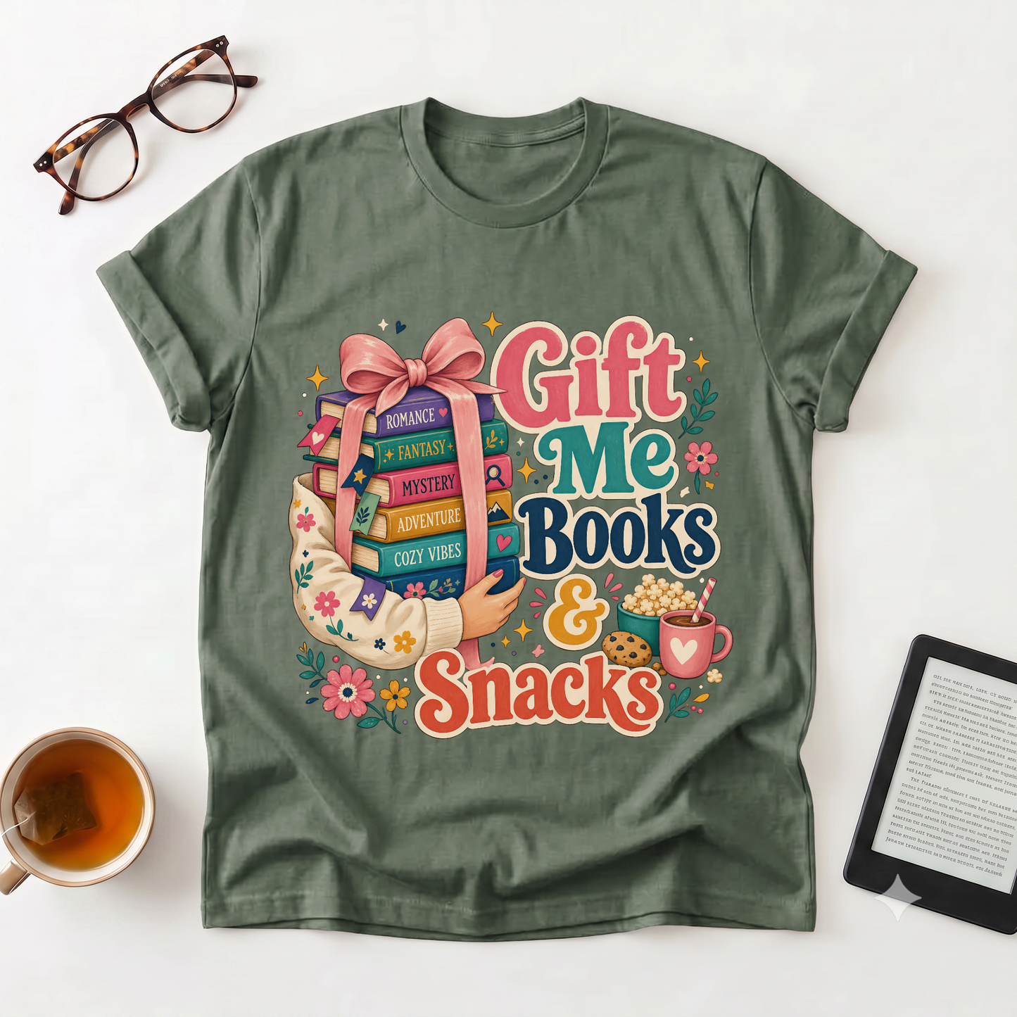 Gift Me Books & Snacks T-Shirt — Cozy Reader Graphic Tee, Booklover Gift