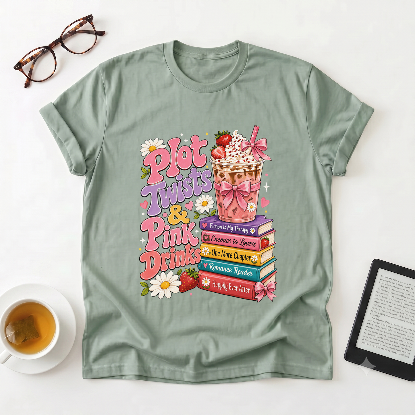 T-Shirt — “Plot Twists & Pink Drinks” Retro Booklover Graphic Tee