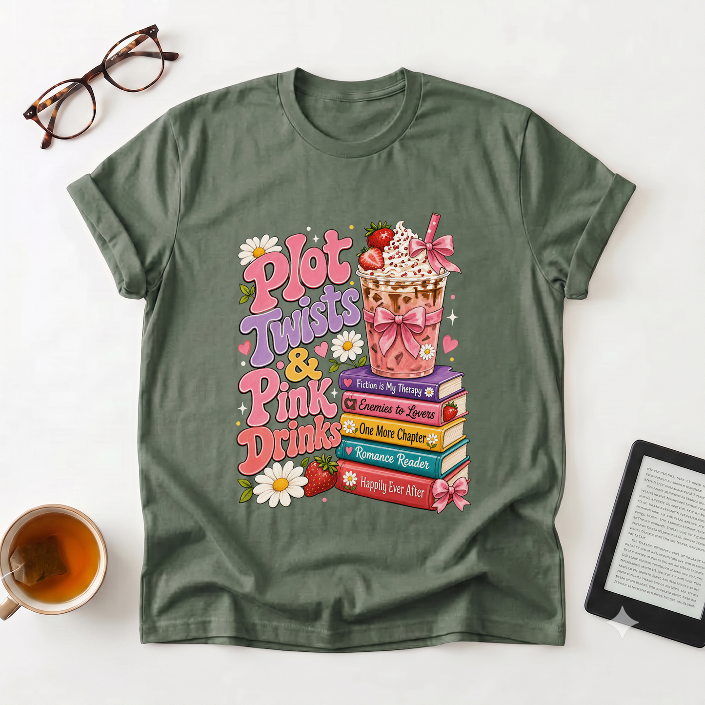 T-Shirt — “Plot Twists & Pink Drinks” Retro Booklover Graphic Tee
