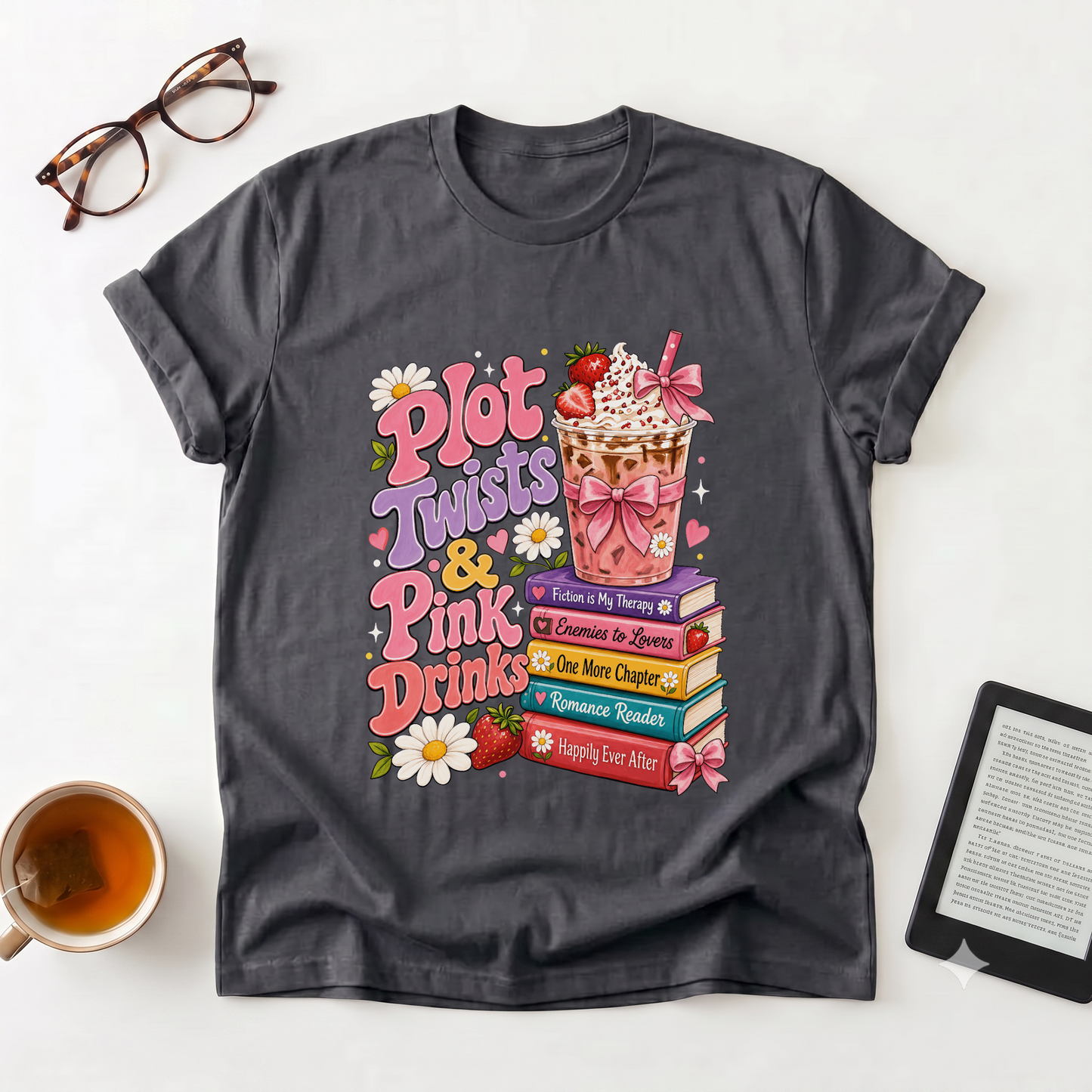 T-Shirt — “Plot Twists & Pink Drinks” Retro Booklover Graphic Tee