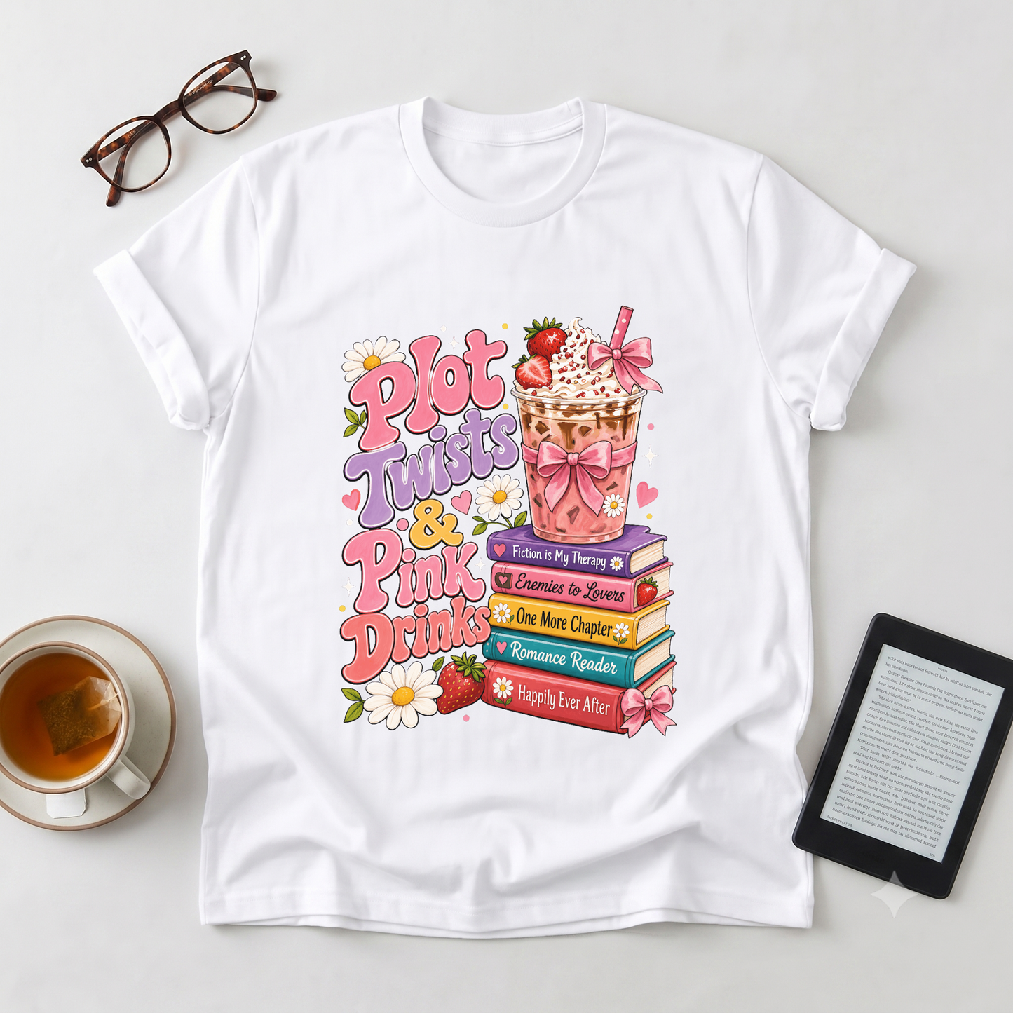 T-Shirt — “Plot Twists & Pink Drinks” Retro Booklover Graphic Tee