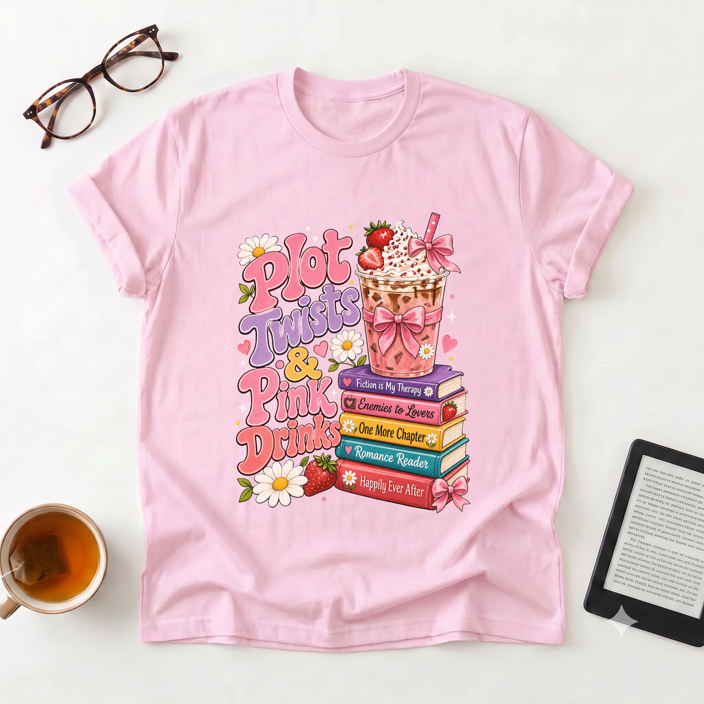 T-Shirt — “Plot Twists & Pink Drinks” Retro Booklover Graphic Tee