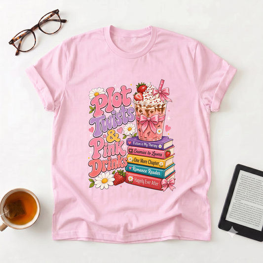 T-Shirt — “Plot Twists & Pink Drinks” Retro Booklover Graphic Tee