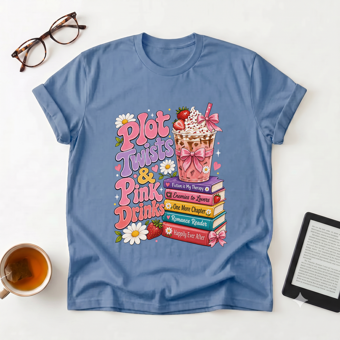 T-Shirt — “Plot Twists & Pink Drinks” Retro Booklover Graphic Tee