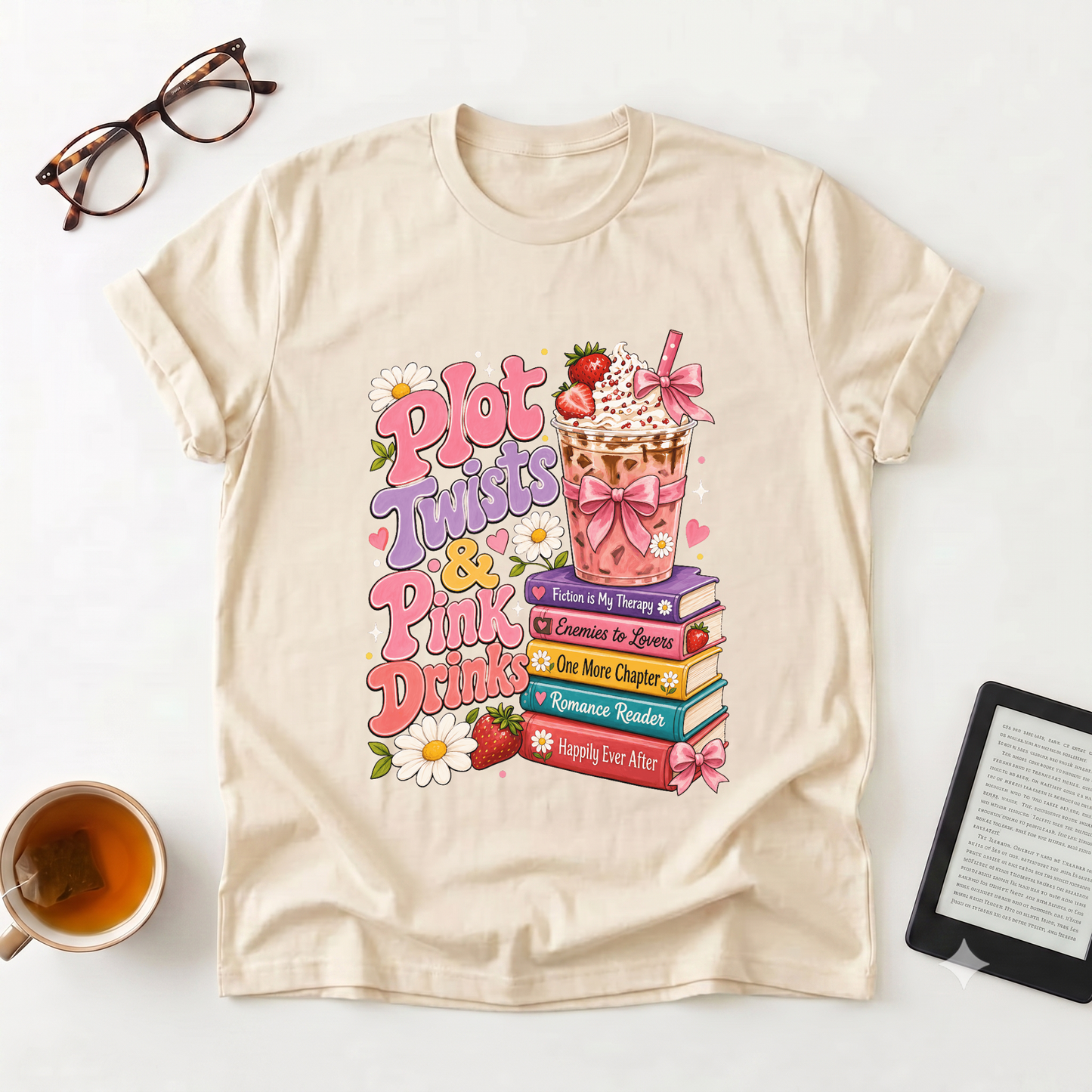 T-Shirt — “Plot Twists & Pink Drinks” Retro Booklover Graphic Tee