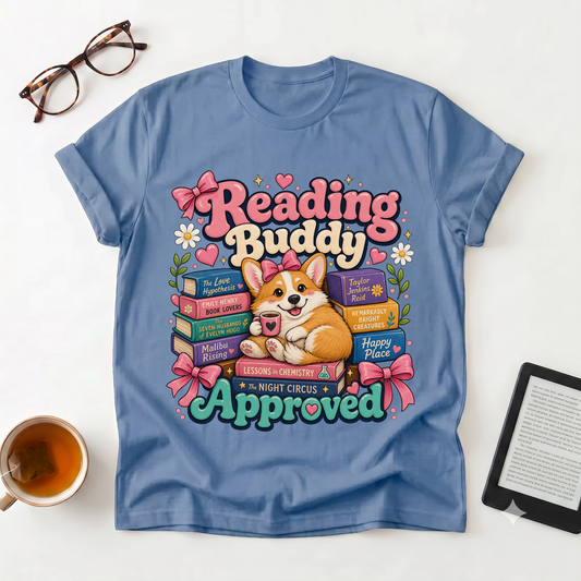 Reading Buddy Approved T-Shirt — Cute Corgi & Book Lover Tee