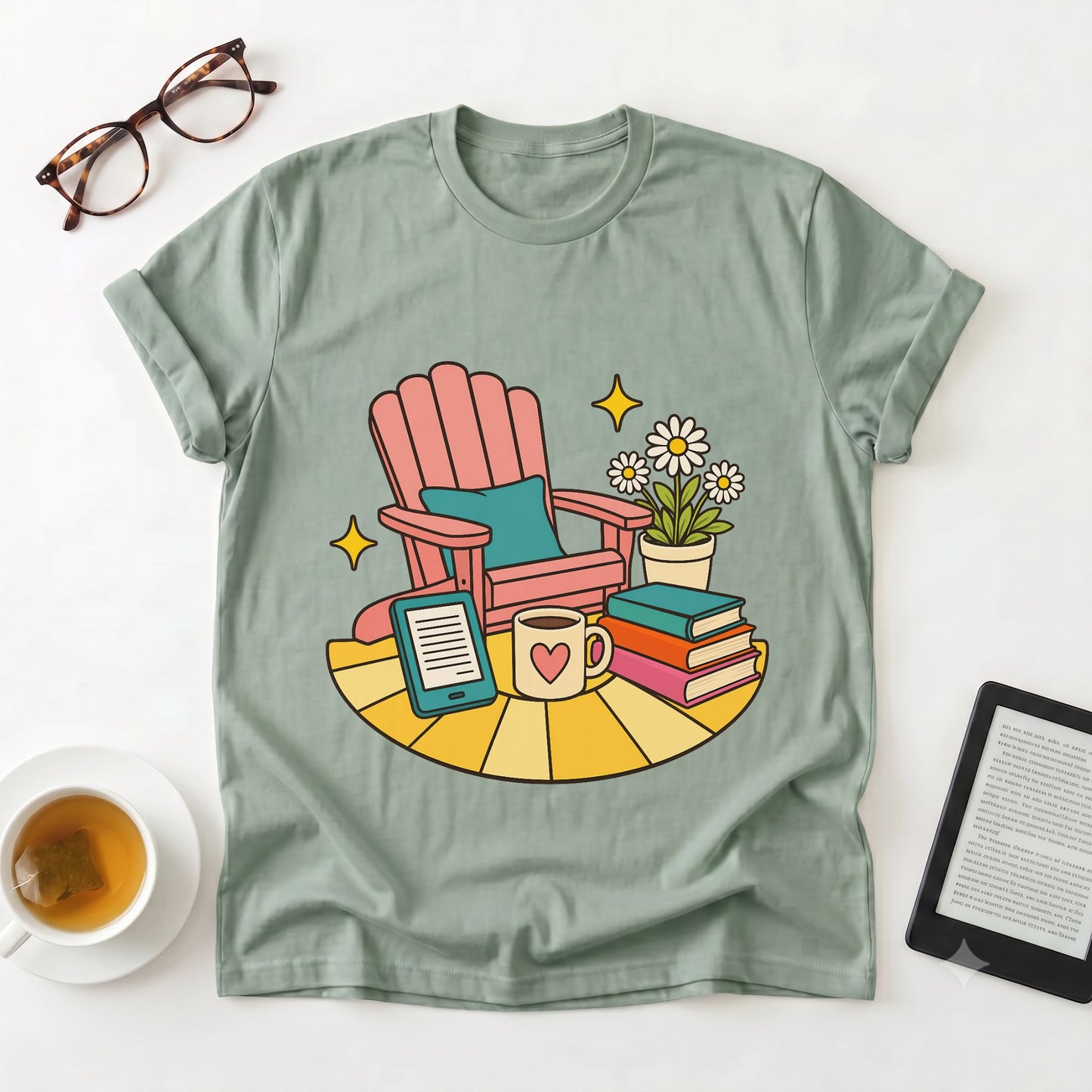Cozy Reading Nook T-Shirt — Book Lover Chair, Mug & Flowers