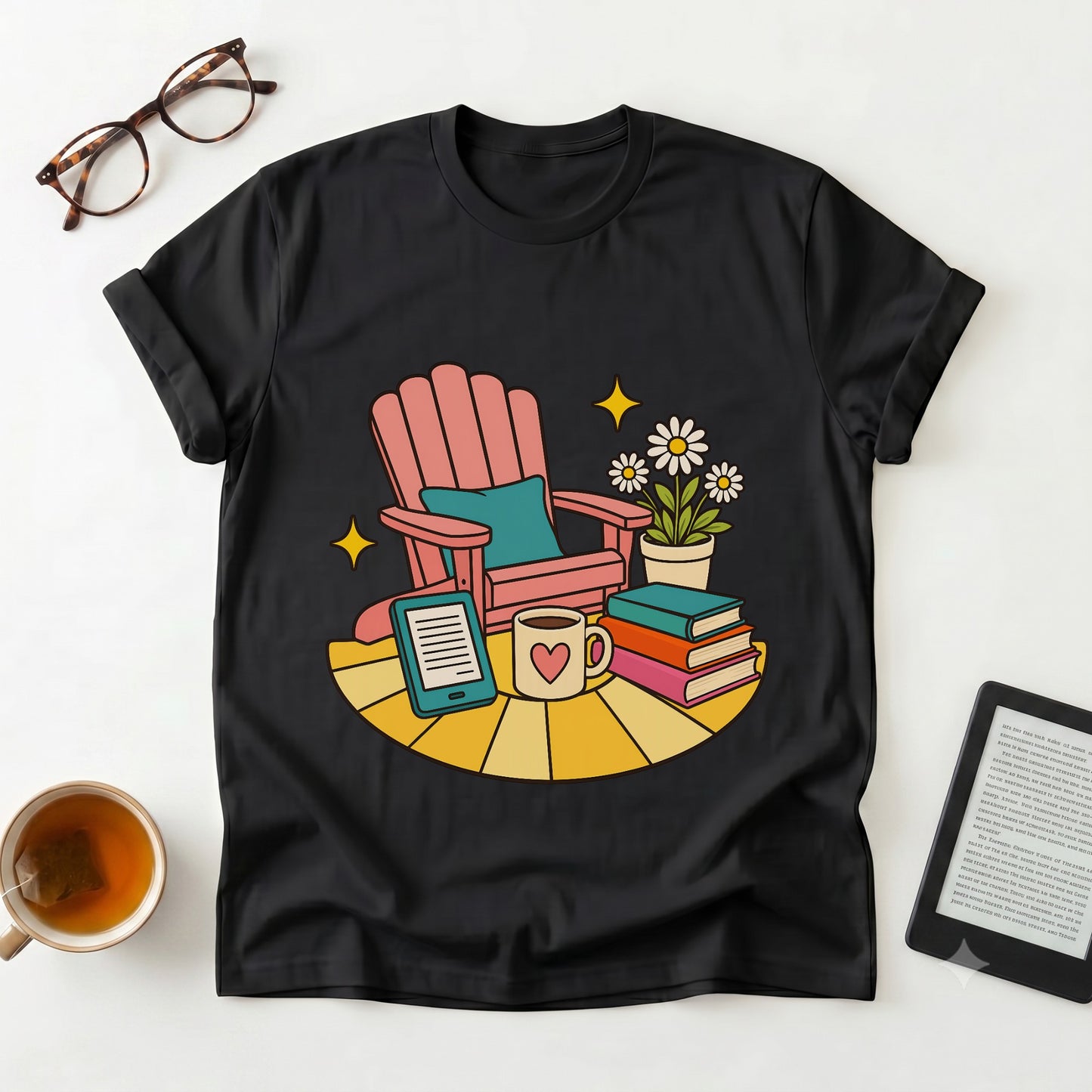 Cozy Reading Nook T-Shirt — Book Lover Chair, Mug & Flowers