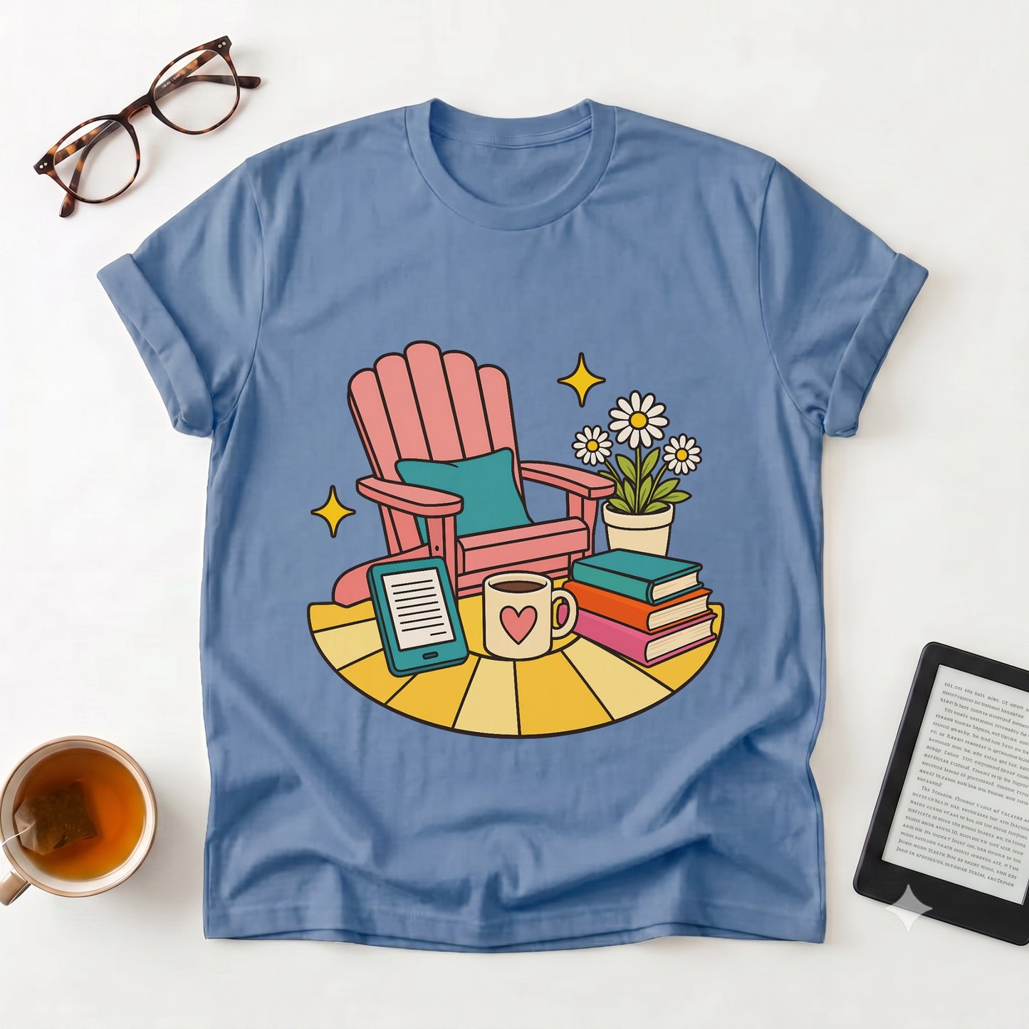 Cozy Reading Nook T-Shirt — Book Lover Chair, Mug & Flowers