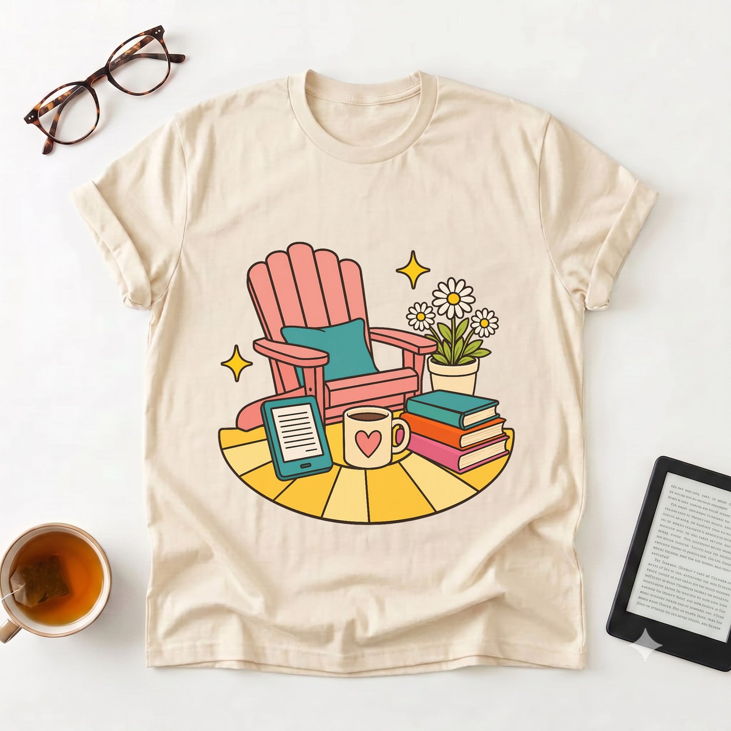 Cozy Reading Nook T-Shirt — Book Lover Chair, Mug & Flowers