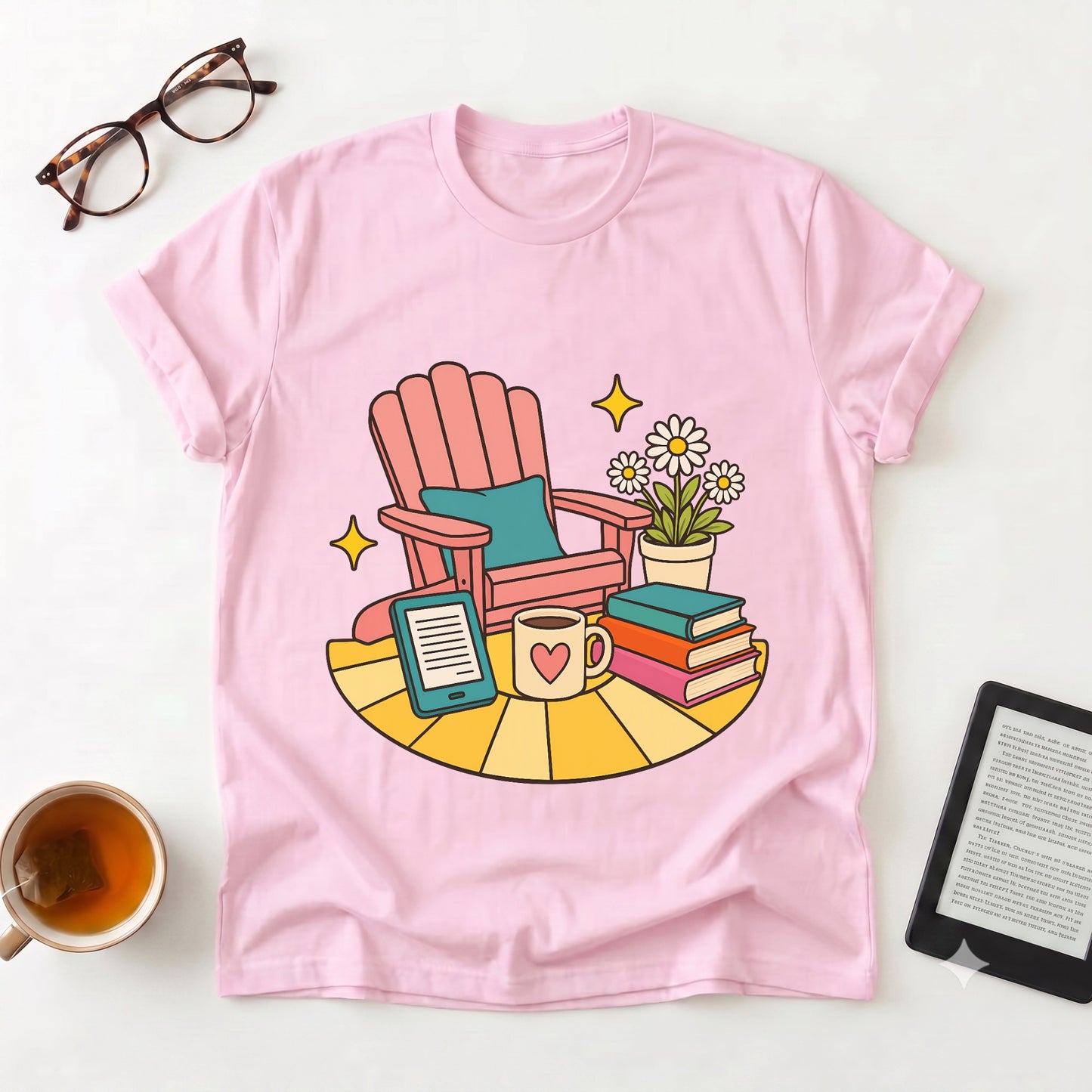 Cozy Reading Nook T-Shirt — Book Lover Chair, Mug & Flowers